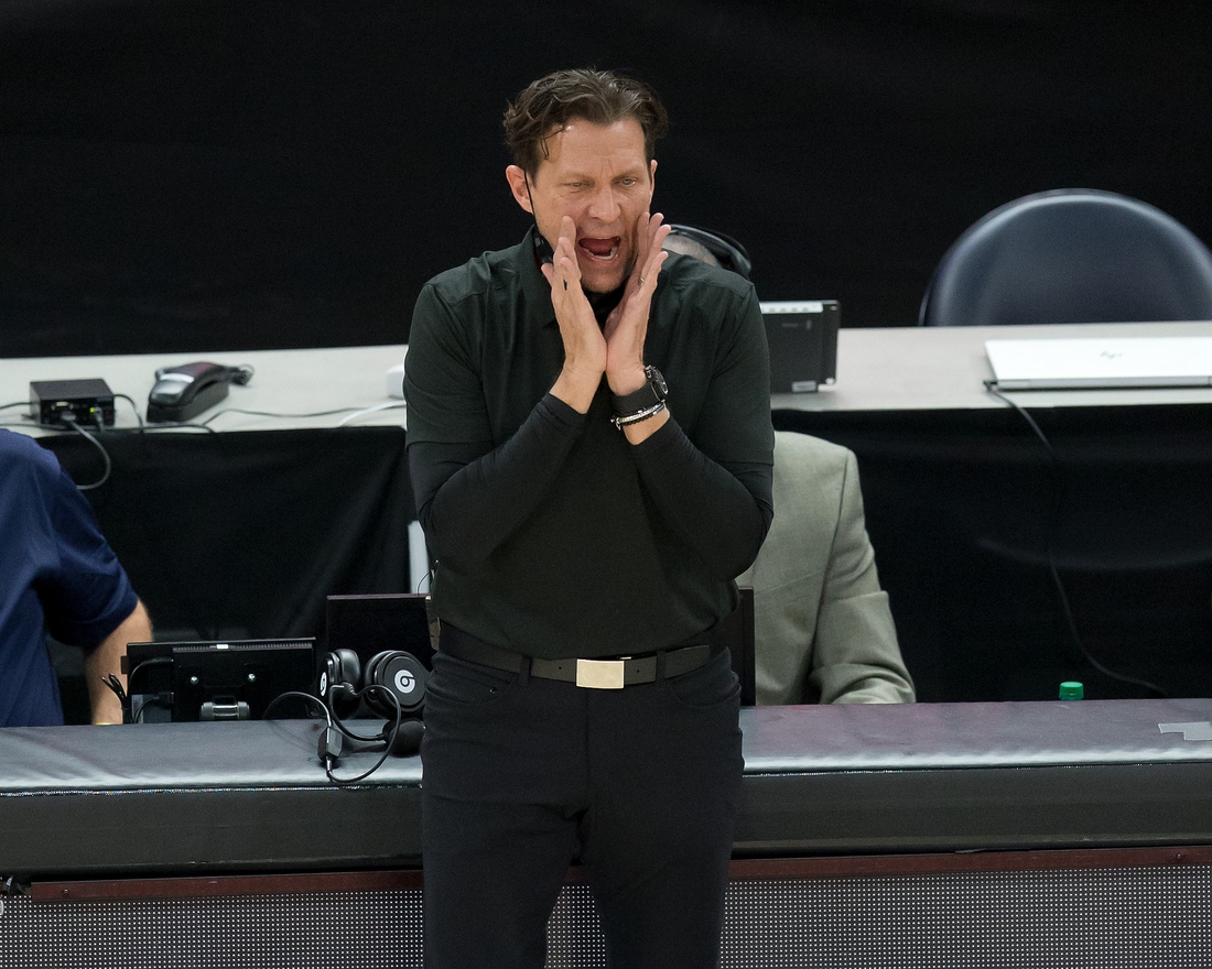 Feb 9, 2021; Salt Lake City, Utah, USA; Utah Jazz head coach Quin Snyder yells to his players during the first quarter against the Boston Celtics at Vivint Smart Home Arena. Mandatory Credit: Russell Isabella-USA TODAY Sports