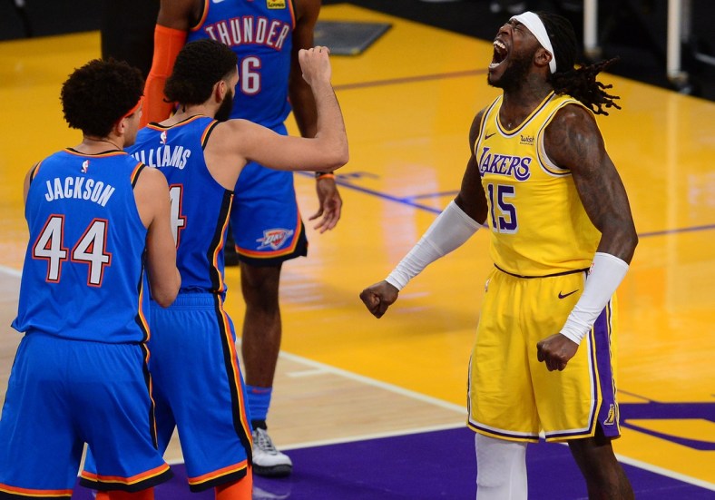 Feb 10, 2021; Los Angeles, California, USA; Los Angeles Lakers center Montrezl Harrell (15) reacts after scoring a basket and drawing a foul against the Oklahoma City Thunder during the second half at Staples Center. Mandatory Credit: Gary A. Vasquez-USA TODAY Sports