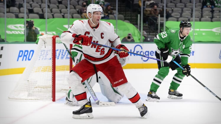 Feb 11, 2021; Dallas, Texas, USA; Carolina Hurricanes center Jordan Staal (11) skates against the Dallas Stars during the third period at the American Airlines Center. Mandatory Credit: Jerome Miron-USA TODAY Sports