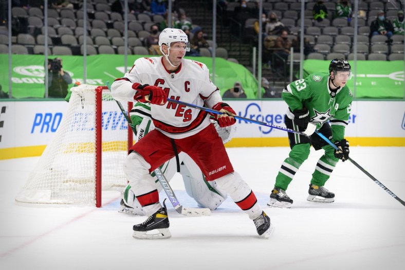 Feb 11, 2021; Dallas, Texas, USA; Carolina Hurricanes center Jordan Staal (11) skates against the Dallas Stars during the third period at the American Airlines Center. Mandatory Credit: Jerome Miron-USA TODAY Sports