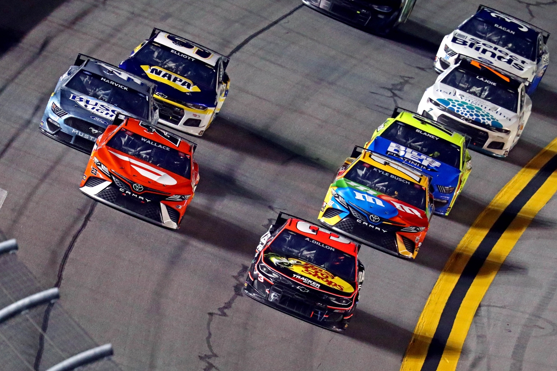 Feb 11, 2021; Daytona Beach, FL, USA; NASCAR Cup Series driver Austin Dillion (3) and NASCAR Cup Series driver Bubba Wallace (23) race for the finish line during the Bluegreen Vacations Duel 2 at Daytona International Speedway. Mandatory Credit: Mark J. Rebilas-USA TODAY Sports