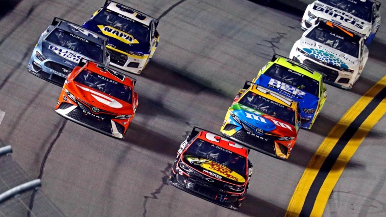 Feb 11, 2021; Daytona Beach, FL, USA; NASCAR Cup Series driver Austin Dillion (3) and NASCAR Cup Series driver Bubba Wallace (23) race for the finish line during the Bluegreen Vacations Duel 2 at Daytona International Speedway. Mandatory Credit: Mark J. Rebilas-USA TODAY Sports