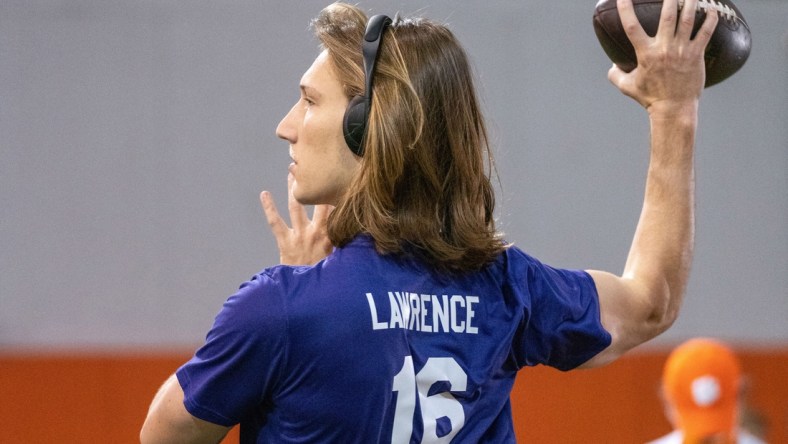 Feb 12, 2021; Clemson, SC, USA; Clemson Tigers quarterback Trevor Lawrence works out during Pro Day in Clemson, South Carolina. Mandatory Credit: David Platt/Handout Photo via USA TODAY Sports