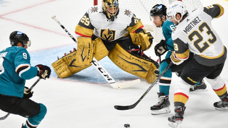 Feb 13, 2021; San Jose, California, USA; Vegas Golden Knights goaltender Marc-Andre Fleury (29) defends his net against the San Jose Sharks in the first period at SAP Center at San Jose. Mandatory Credit: Chris Brown-USA TODAY Sports