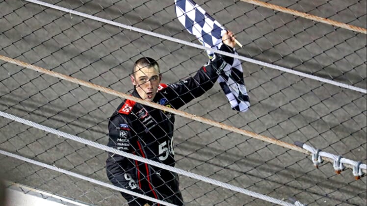 Feb 13, 2021; Daytona Beach, FL, USA; Xfinity Series driver Austin Cindric (22) celebrates winning the Beef. It's What's for Dinner. 300 at Daytona International Speedway. Mandatory Credit: Mark J. Rebilas-USA TODAY Sports