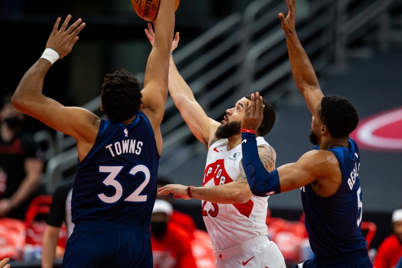 Feb 14, 2021; Tampa, Florida, USA;  Toronto Raptors guard Fred VanVleet (23) attempts a layup during the first quarter of a game between the Toronto Raptors and the Minnesota Timberwolves at Amalie Arena. Mandatory Credit: Mary Holt-USA TODAY Sports