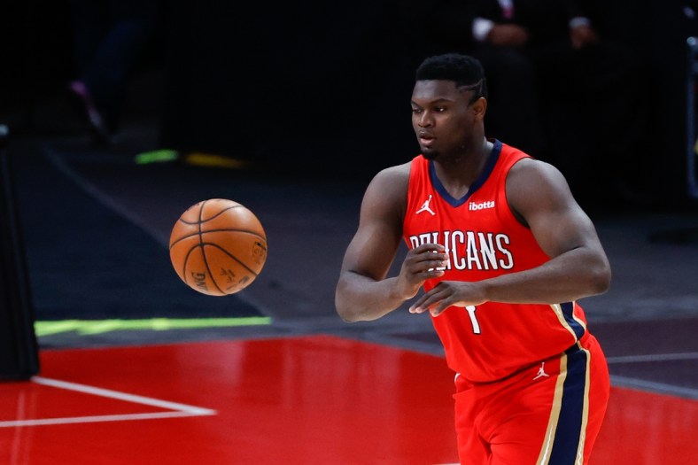 Feb 14, 2021; Detroit, Michigan, USA;  New Orleans Pelicans forward Zion Williamson (1) passes in the first half against the Detroit Pistons at Little Caesars Arena. Mandatory Credit: Rick Osentoski-USA TODAY Sports