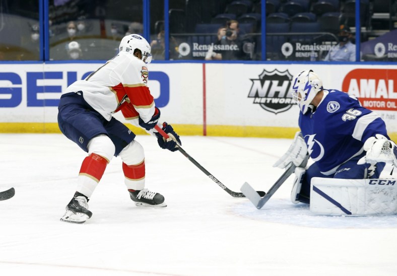 Feb 15, 2021; Tampa, Florida, USA; Florida Panthers left wing Anthony Duclair (91) shoots as Tampa Bay Lightning goaltender Curtis McElhinney (35) makes a save during the first period at Amalie Arena. Mandatory Credit: Kim Klement-USA TODAY Sports
