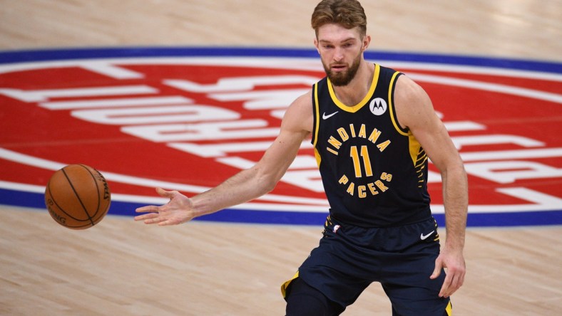 Feb 11, 2021; Detroit, Michigan, USA; Indiana Pacers forward Domantas Sabonis (11) during the game against the Detroit Pistons at Little Caesars Arena. Mandatory Credit: Tim Fuller-USA TODAY Sports