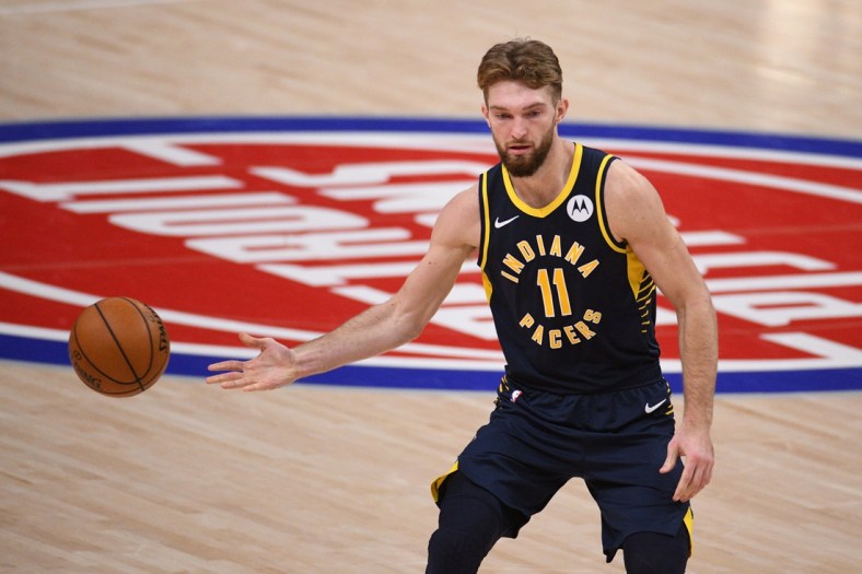 Feb 11, 2021; Detroit, Michigan, USA; Indiana Pacers forward Domantas Sabonis (11) during the game against the Detroit Pistons at Little Caesars Arena. Mandatory Credit: Tim Fuller-USA TODAY Sports