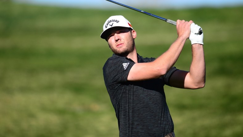 Feb 20, 2021; Pacific Palisades, California, USA; Sam Burns hits from the fifth hole tee box during the third round of The Genesis Invitational golf tournament at Riviera Country Club. Mandatory Credit: Gary A. Vasquez-USA TODAY Sports