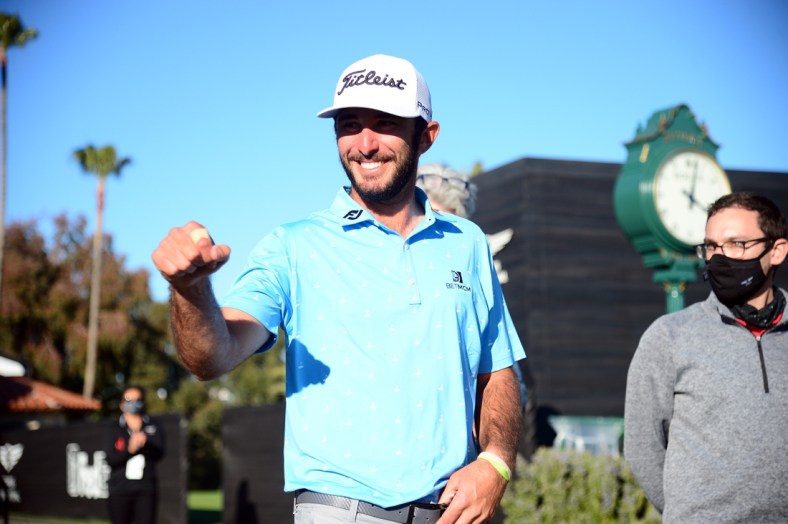 Feb 21, 2021; Pacific Palisades, California, USA; Max Homa reacts following his playoff victory against Tony Finau in the final round of The Genesis Invitational golf tournament at Riviera Country Club. Mandatory Credit: Gary A. Vasquez-USA TODAY Sports