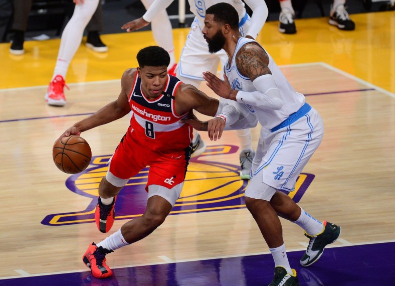 Feb 22, 2021; Los Angeles, California, USA; Washington Wizards forward Rui Hachimura (8) moves to the basket against Los Angeles Lakers forward Markieff Morris (88) during the first half at Staples Center. Mandatory Credit: Gary A. Vasquez-USA TODAY Sports