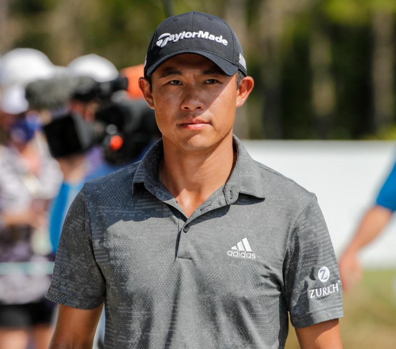 Feb 28, 2021; Bradenton, Florida, USA; Collin Morikawa walks from the third tee during the final round of World Golf Championships at The Concession golf tournament at The Concession Golf Club. Mandatory Credit: Mike Watters-USA TODAY Sports