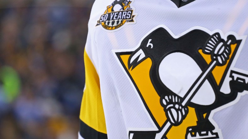 Feb 17, 2017; Columbus, OH, USA; A view of the Pittsburgh Penguins logo on a jersey at Nationwide Arena. The Blue Jackets won 2-1 in overtime. Mandatory Credit: Aaron Doster-USA TODAY Sports