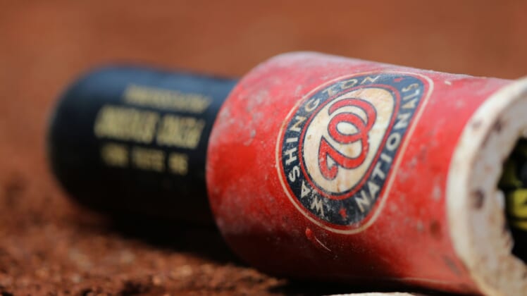 Aug 27, 2017; Washington, DC, USA; A view of the Washington Nationals logo on a bat weight in the on deck circle during the game against the New York Mets at Nationals Park. Mandatory Credit: Aaron Doster-USA TODAY Sports