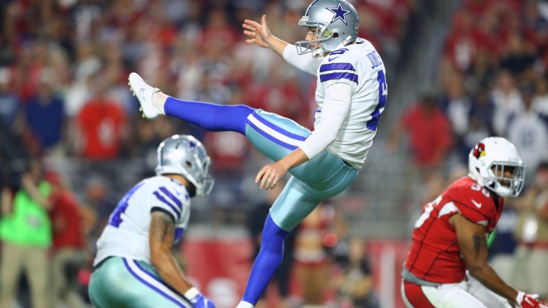 Sep 25, 2017; Glendale, AZ, USA; Dallas Cowboys punter Chris Jones (6) against the Arizona Cardinals at University of Phoenix Stadium. Mandatory Credit: Mark J. Rebilas-USA TODAY Sports