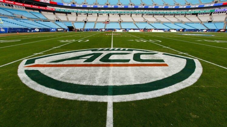 Dec 2, 2017; Charlotte, NC, USA; A view of the ACC logo on the field prior to the game between the Clemson Tigers and the Miami Hurricanes in the ACC championship game at Bank of America Stadium. Mandatory Credit: Jeremy Brevard-USA TODAY Sports