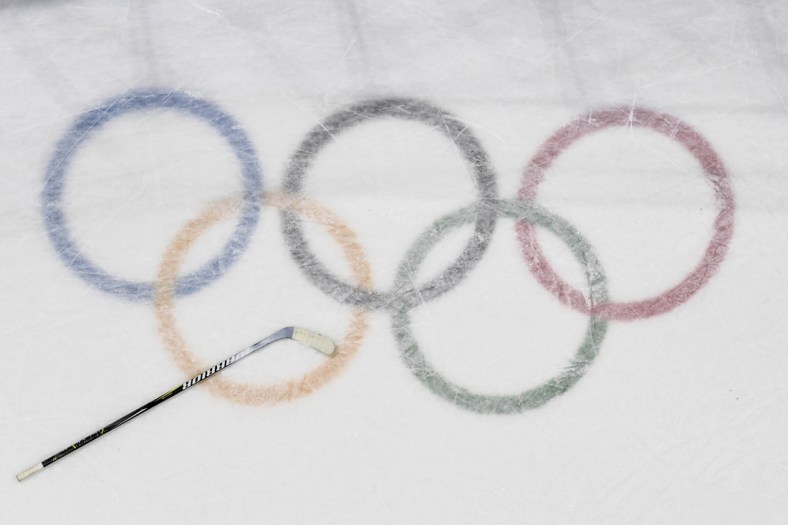 Feb 21, 2018; Gangneung, South Korea; View of a hockey stick on the logo during the game between Czech Republic and United States in the men's ice hockey quarterfinals during the Pyeongchang 2018 Olympic Winter Games at Gangneung Hockey Centre. Mandatory Credit: David E. Klutho-USA TODAY Sports
