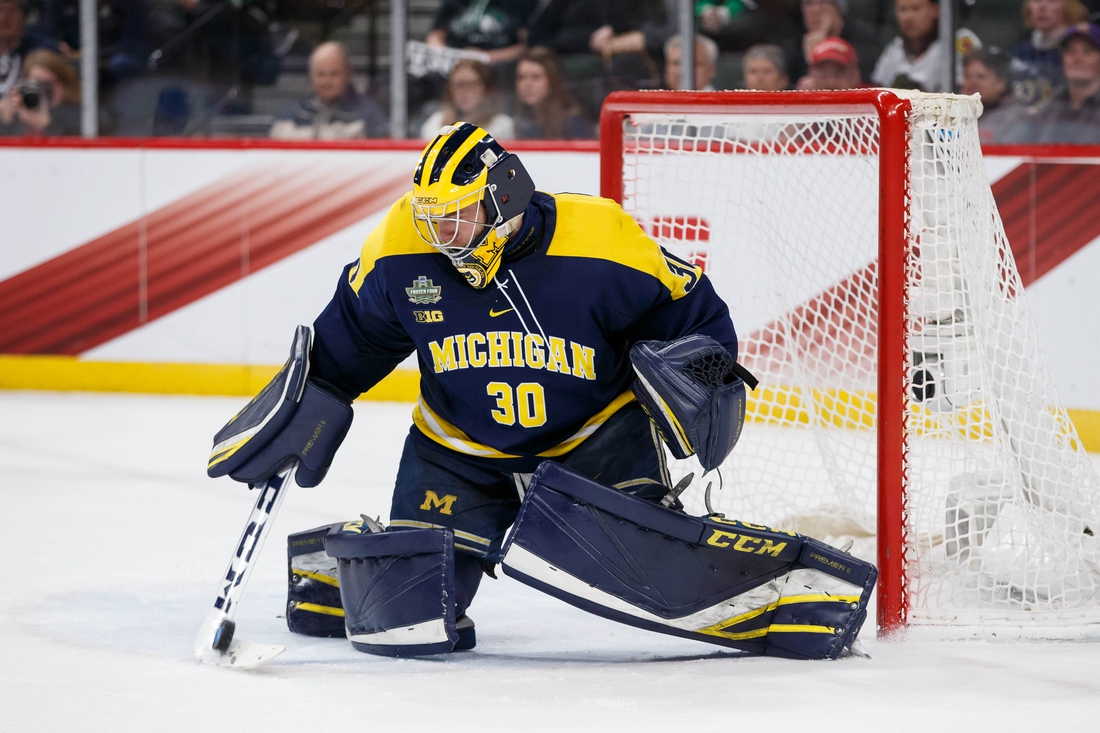 Apr 5, 2018; St. Paul, MN, USA; Michigan Wolverines goaltender Hayden Lavigne (30) makes a save in the second period against Notre Dame Fighting Irish in the 2018 Frozen Four college hockey national semifinals at Xcel Energy Center. Mandatory Credit: Brad Rempel-USA TODAY Sports