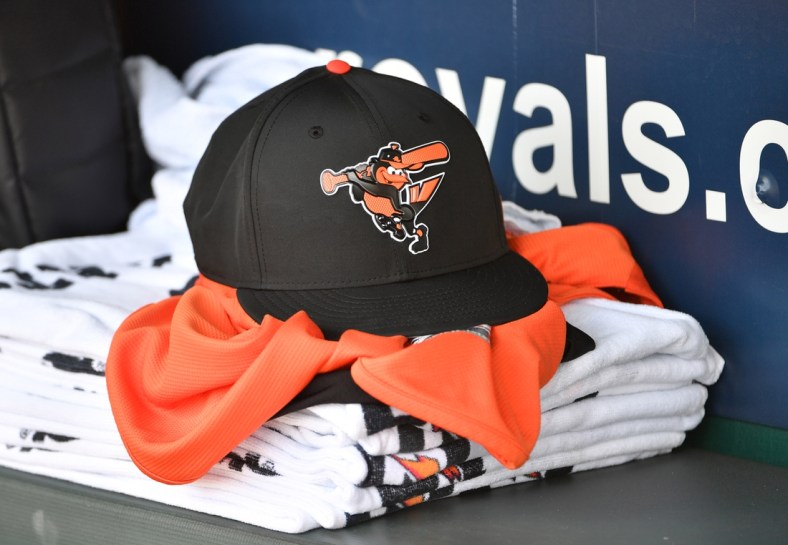 Sep 2, 2018; Kansas City, MO, USA; A general view of a Baltimore Orioles cap in the visitors dugout before the game against the Kansas City Royals at Kauffman Stadium. Mandatory Credit: Denny Medley-USA TODAY Sports