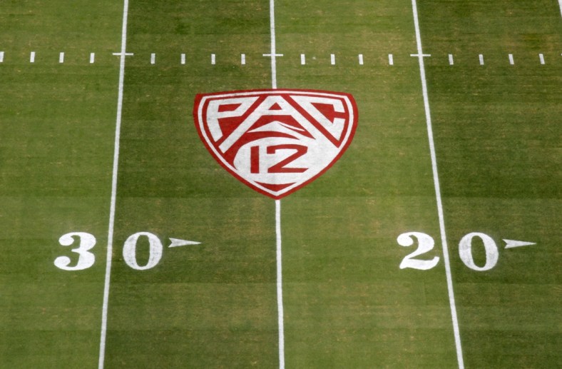 Sep 8, 2018; Stanford, CA, USA; General overall view of the Pac-12 Conference logo on the field during the game between the Southern California Trojans and the Stanford Cardinal at Stanford Stadium. Mandatory Credit: Kirby Lee-USA TODAY Sports