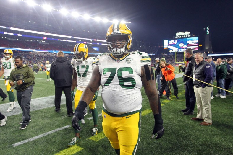 Nov 4, 2018; Foxborough, MA, USA; Green Bay Packers defensive tackle Mike Daniels (76) walks the field prior to a game against the New England Patriots at Gillette Stadium. Mandatory Credit: Stew Milne-USA TODAY Sports