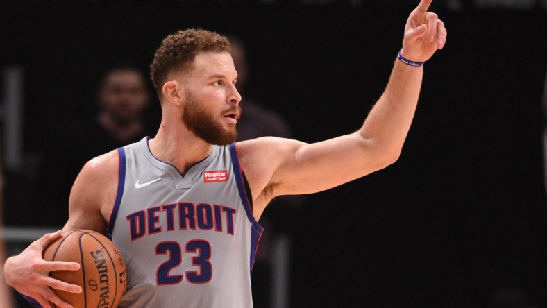 Dec 15, 2018; Detroit, MI, USA; Detroit Pistons forward Blake Griffin (23) celebrates during the fourth quarter against the Boston Celtics at Little Caesars Arena. Mandatory Credit: Tim Fuller-USA TODAY Sports