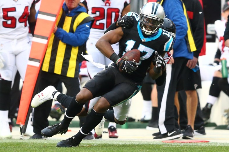 Dec 23, 2018; Charlotte, NC, USA; Carolina Panthers wide receiver Devin Funchess (17) catches a pass in the fourth quarter against the Atlanta Falcons at Bank of America Stadium. Mandatory Credit: Jeremy Brevard-USA TODAY Sports