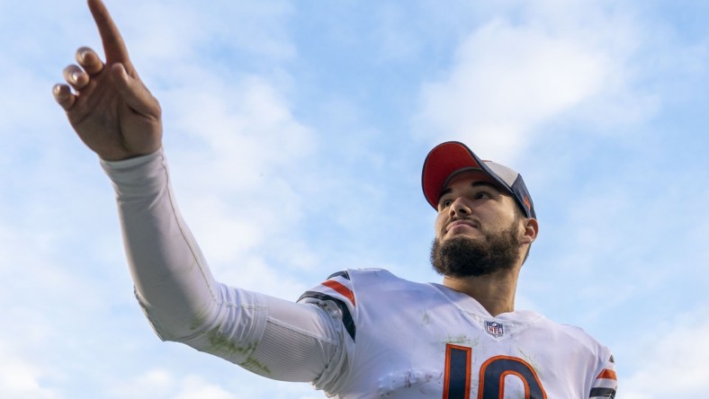 December 23, 2018; Santa Clara, CA, USA; Chicago Bears quarterback Mitchell Trubisky (10) celebrates after the game against the San Francisco 49ers at Levi's Stadium. Mandatory Credit: Kyle Terada-USA TODAY Sports