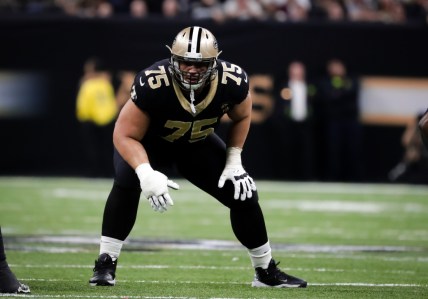 Jan 13, 2019; New Orleans, LA, USA; New Orleans Saints offensive guard Andrus Peat (75) lines up against the Philadelphia Eagles during the third quarter of a NFC Divisional playoff football game at Mercedes-Benz Superdome. Mandatory Credit: Derick E. Hingle-USA TODAY Sports