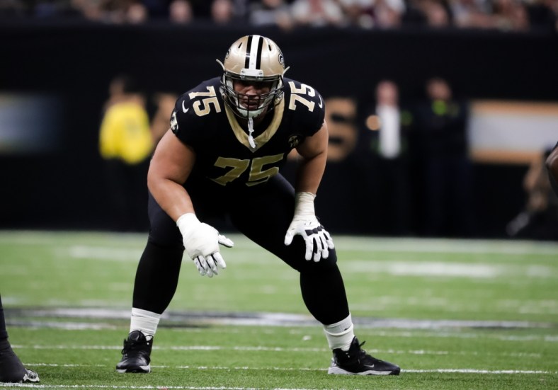 Jan 13, 2019; New Orleans, LA, USA; New Orleans Saints offensive guard Andrus Peat (75) lines up against the Philadelphia Eagles during the third quarter of a NFC Divisional playoff football game at Mercedes-Benz Superdome. Mandatory Credit: Derick E. Hingle-USA TODAY Sports