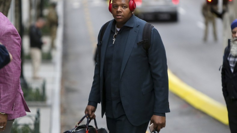 Jan 27, 2019; Atlanta, GA, USA; New England Patriots offensive tackle Trent Brown (77) arrives at the Hyatt Regency Atlanta. Mandatory Credit: Brett Davis-USA TODAY Sports