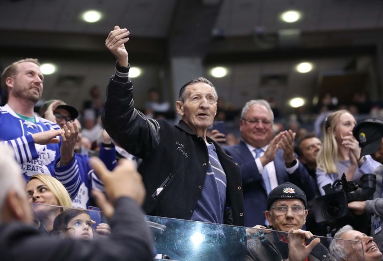 Mar 11, 2019; Toronto, Ontario, CAN; Walter Gretzky the father of Wayne Gretzky is acknowledged by the crowd as his image is shown on the scoreboard during the Toronto Maple Leafs game against the Tampa Bay Lightning at Scotiabank Arena. The Lightning beat the Maple Leafs 6-2. Mandatory Credit: Tom Szczerbowski-USA TODAY Sports