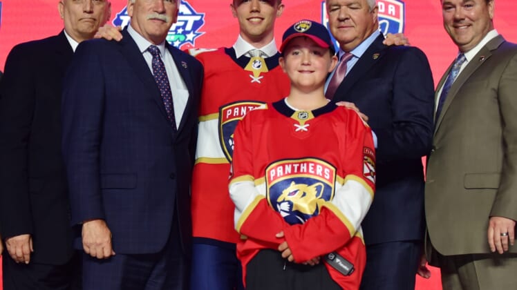 Jun 21, 2019; Vancouver, BC, Canada; Spencer Knight poses for a photo after being selected as the number thirteen overall pick to the Florida Panthers in the first round of the 2019 NHL Draft at Rogers Arena. Mandatory Credit: Anne-Marie Sorvin-USA TODAY Sports