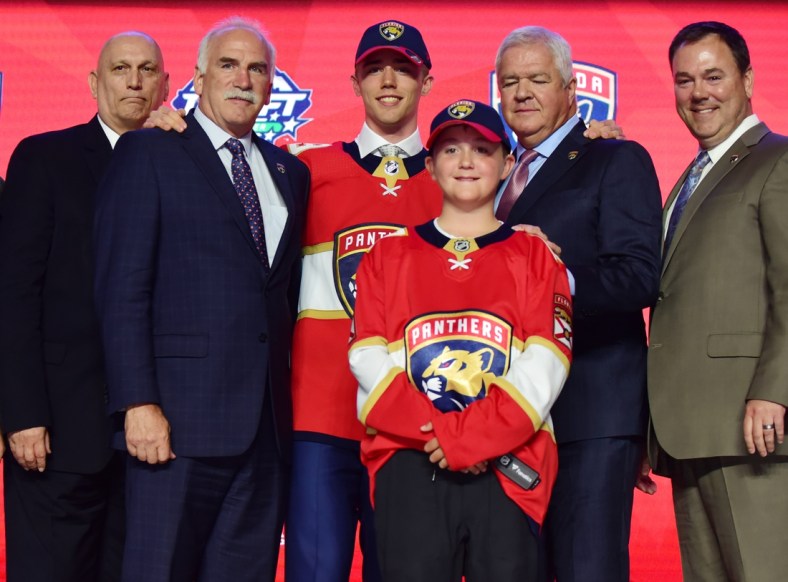 Jun 21, 2019; Vancouver, BC, Canada; Spencer Knight poses for a photo after being selected as the number thirteen overall pick to the Florida Panthers in the first round of the 2019 NHL Draft at Rogers Arena. Mandatory Credit: Anne-Marie Sorvin-USA TODAY Sports