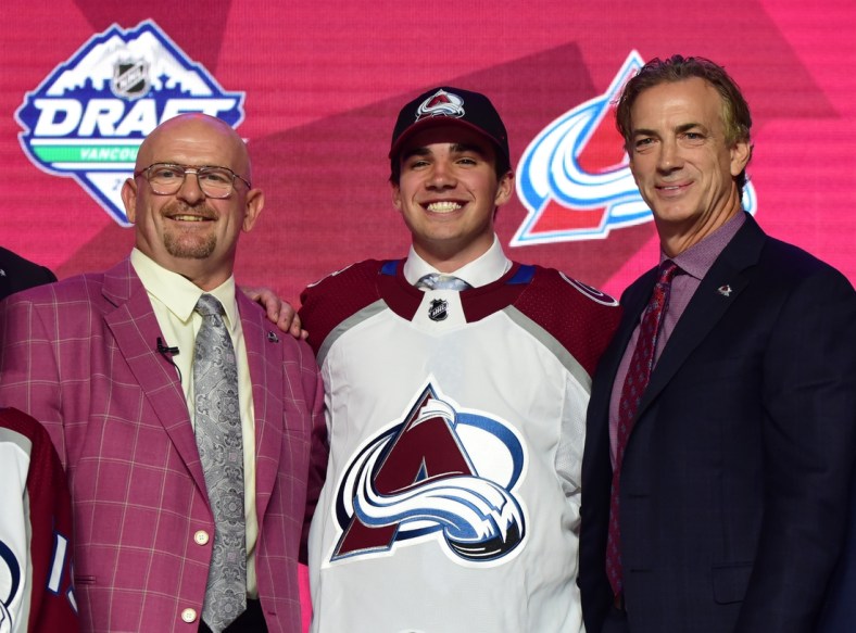 Jun 21, 2019; Vancouver, BC, Canada; Alex Newhook poses for a photo after being selected as the number sixteen overall pick to the Colorado Avalanche in the first round of the 2019 NHL Draft at Rogers Arena. Mandatory Credit: Anne-Marie Sorvin-USA TODAY Sports