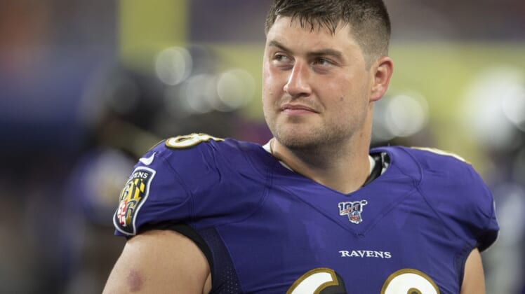 Aug 8, 2019; Baltimore, MD, USA; Baltimore Ravens center Matt Skura (68) stands in the bench area during the second quarter against the Jacksonville Jaguars at M&T Bank Stadium. Mandatory Credit: Tommy Gilligan-USA TODAY Sports