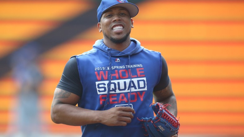 Aug 17, 2019; Pittsburgh, PA, USA;  Chicago Cubs relief pitcher Pedro Strop (46) jogs on the field prior to the game against the Pittsburgh Pirates at PNC Park. Mandatory Credit: Charles LeClaire-USA TODAY Sports