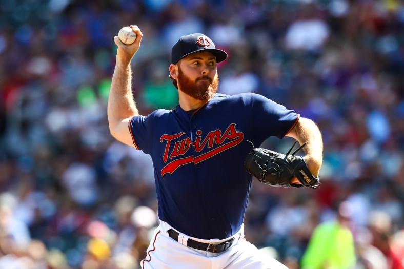 Aug 21, 2019; Minneapolis, MN, USA; Minnesota Twins relief pitcher Sam Dyson (49) delivers a pitch in the seventh inning against the Chicago White Sox at Target Field. Mandatory Credit: David Berding-USA TODAY Sports