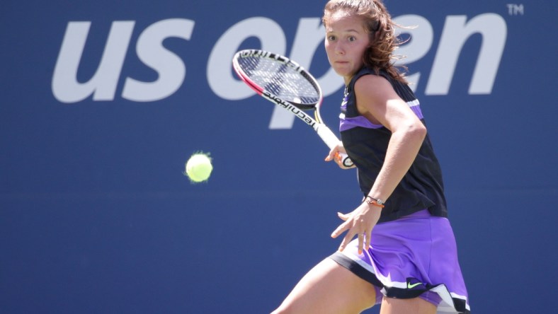 Aug 26, 2019; Flushing, NY, USA; Daria Kasatkina of Russia returns a shot against Johanna Konta of Great Britain in a first round match on day one of the 2019 U.S. Open tennis tournament at USTA Billie Jean King National Tennis Center. Mandatory Credit: Jerry Lai-USA TODAY Sports