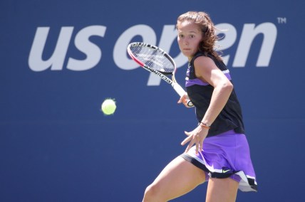 Aug 26, 2019; Flushing, NY, USA; Daria Kasatkina of Russia returns a shot against Johanna Konta of Great Britain in a first round match on day one of the 2019 U.S. Open tennis tournament at USTA Billie Jean King National Tennis Center. Mandatory Credit: Jerry Lai-USA TODAY Sports