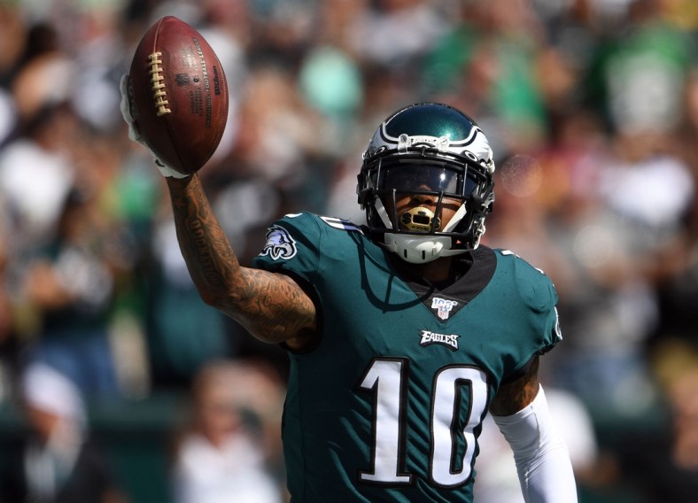 Sep 8, 2019; Philadelphia, PA, USA; Philadelphia Eagles wide receiver DeSean Jackson (10) celebrates his touchdown catch in the second quarter against the Washington Redskins at Lincoln Financial Field. Mandatory Credit: James Lang-USA TODAY Sports