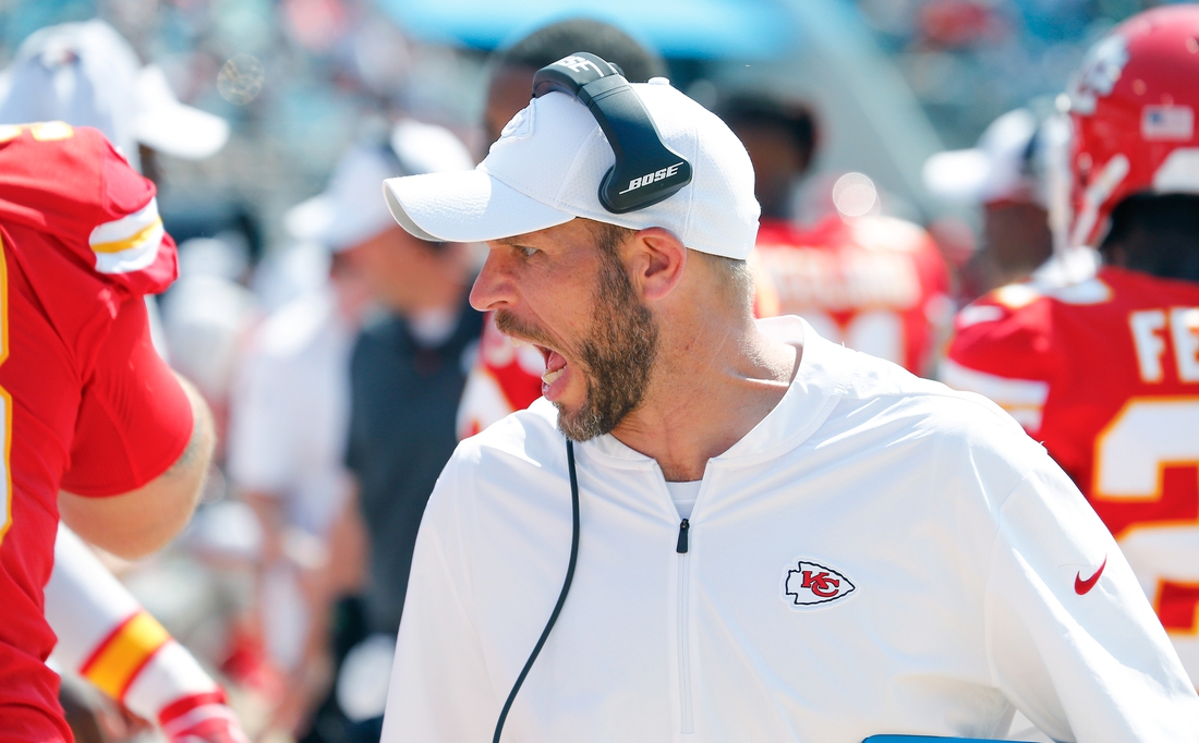 Sep 8, 2019; Jacksonville, FL, USA; Kansas City Chiefs linebackers coach Britt Reid talks to his players during the second half against the Jacksonville Jaguars at TIAA Bank Field. Mandatory Credit: Reinhold Matay-USA TODAY Sports