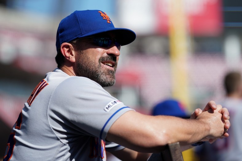 Sep 21, 2019; Cincinnati, OH, USA; New York Mets manager Mickey Callaway (36) reacts in the dugout prior to the game against the Cincinnati Reds at Great American Ball Park. Mandatory Credit: Aaron Doster-USA TODAY Sports