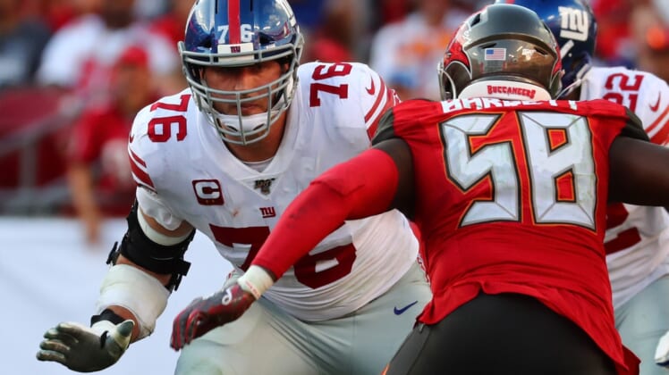 Sep 22, 2019; Tampa, FL, USA;New York Giants offensive tackle Nate Solder (76) blocks during the second half at Raymond James Stadium. Mandatory Credit: Kim Klement-USA TODAY Sports