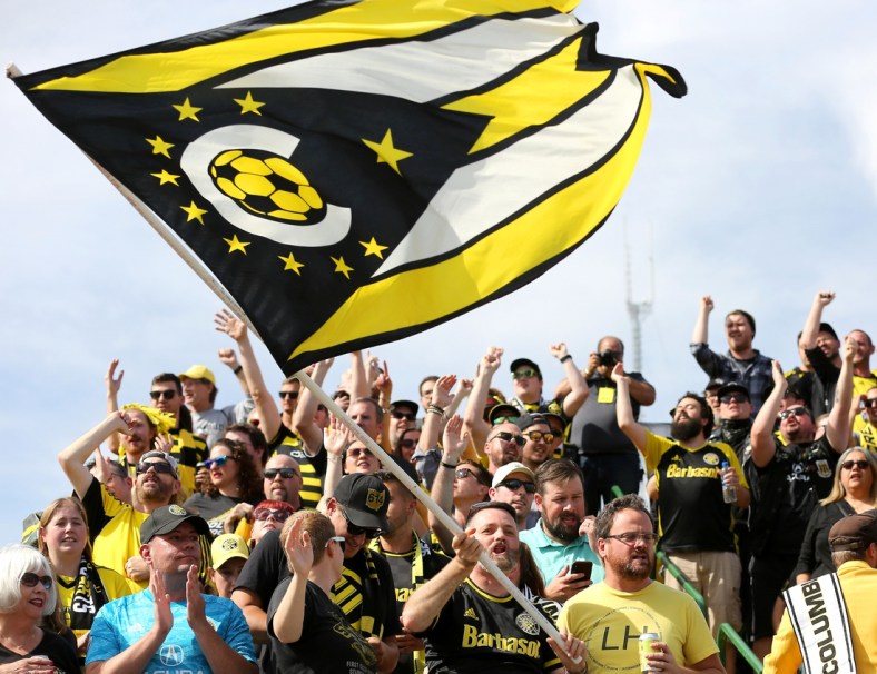 Oct 10, 2019; Columbus, OH, USA; Crew fans take part in the ground breaking ceremonies on the site of the new Columbus Crew SC Stadium. Mandatory Credit: Joe Maiorana-USA TODAY Sports