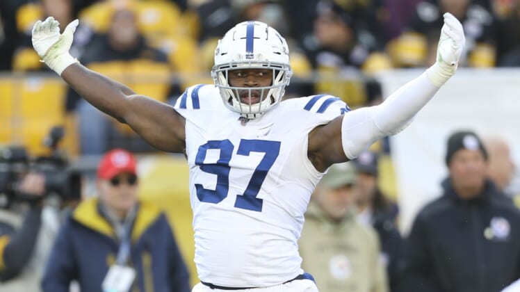 Nov 3, 2019; Pittsburgh, PA, USA;  Indianapolis Colts defensive tackle Al-Quadin Muhammad (97) reacts after defensive stop against the Pittsburgh Steelers during the second quarter at Heinz Field. The Steelers won 26-24. Mandatory Credit: Charles LeClaire-USA TODAY Sports