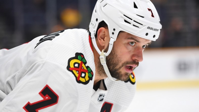 Nov 16, 2019; Nashville, TN, USA; Chicago Blackhawks defenseman Brent Seabrook (7) waits for a face off during the third period against the Nashville Predators at Bridgestone Arena. Mandatory Credit: Christopher Hanewinckel-USA TODAY Sports