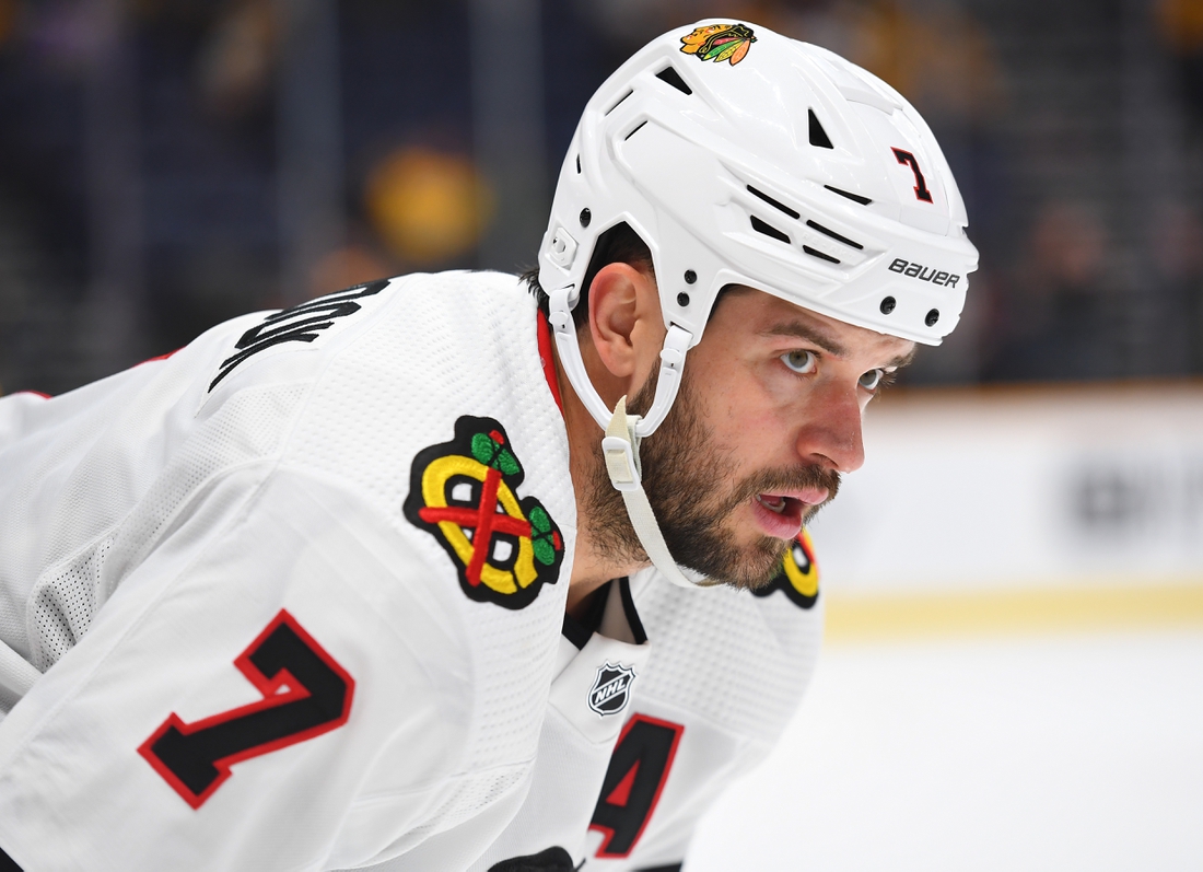 Nov 16, 2019; Nashville, TN, USA; Chicago Blackhawks defenseman Brent Seabrook (7) waits for a face off during the third period against the Nashville Predators at Bridgestone Arena. Mandatory Credit: Christopher Hanewinckel-USA TODAY Sports